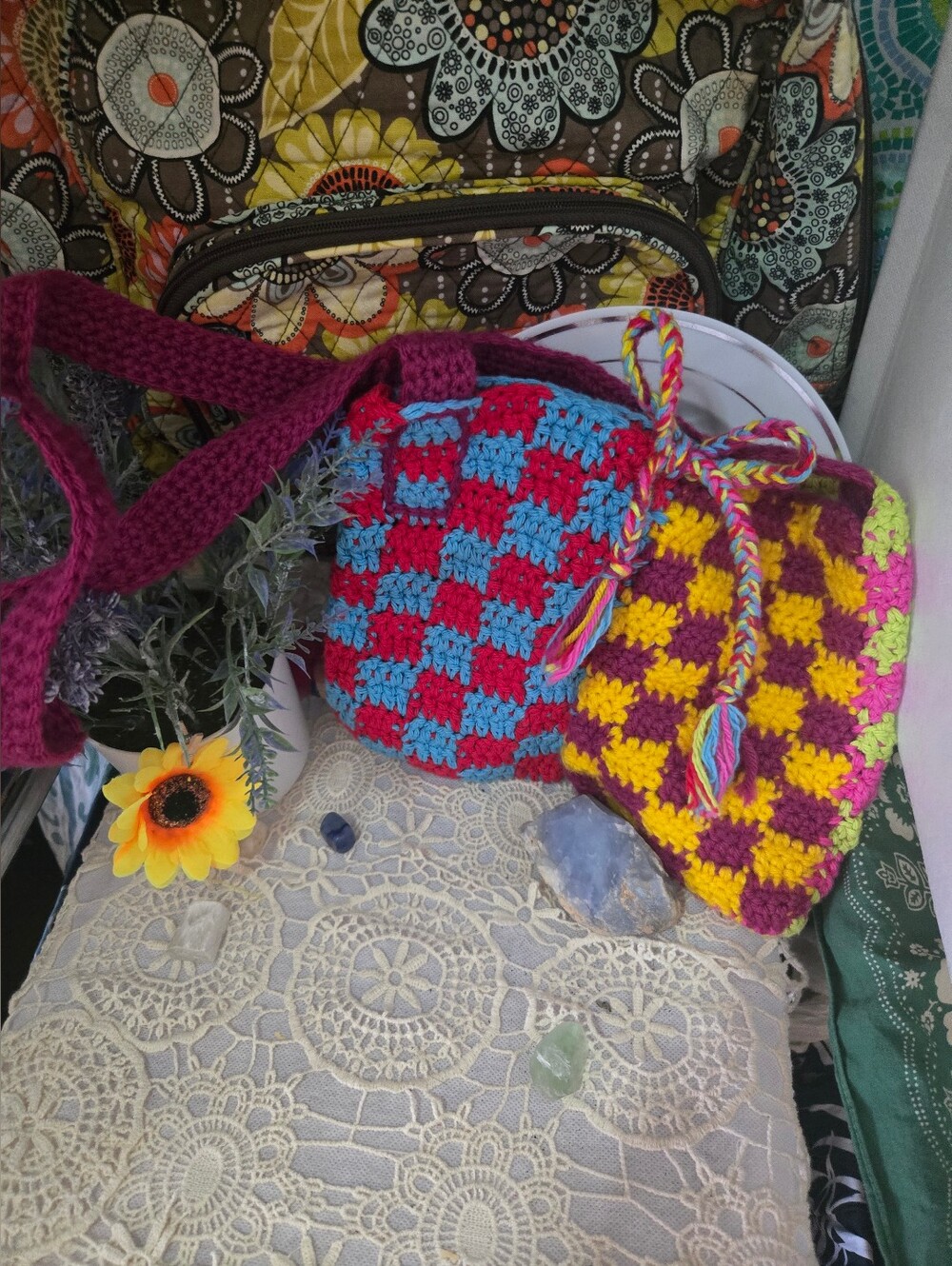 4/$15 Colorful Crochet Tote Bag Multicolor Granny Square Boho Maximalist Y2K 70s